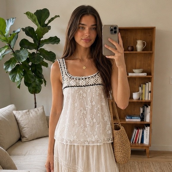 dressbarn Tops - Womens Lace Crochet Top Medium White Floral Boho Cottage Romantic Feminine
